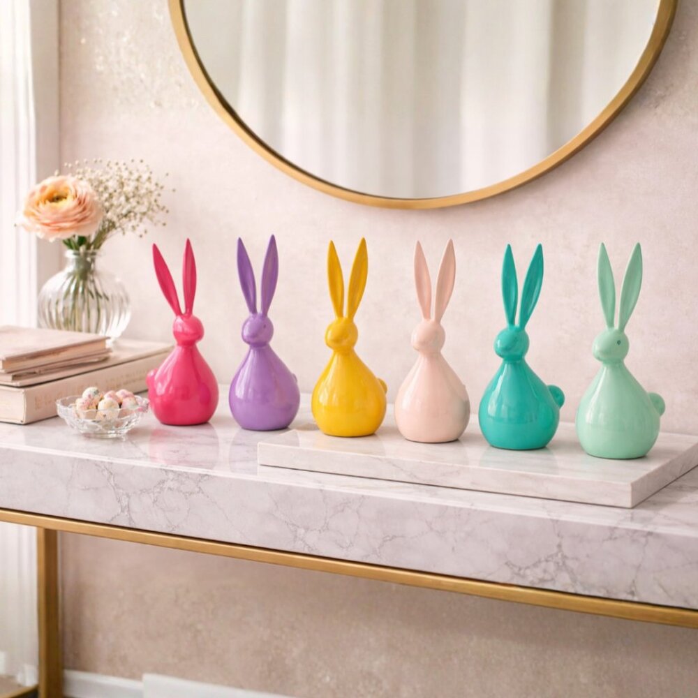 Colorful Metal Easter Bunny Decor – 8” Medium Glossy Figurine (Assorted)